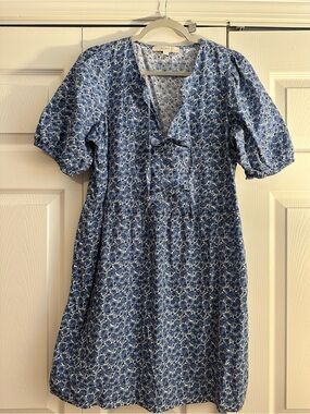 LOFT Blue Patterned Bow Puff-Sleeve Dress
